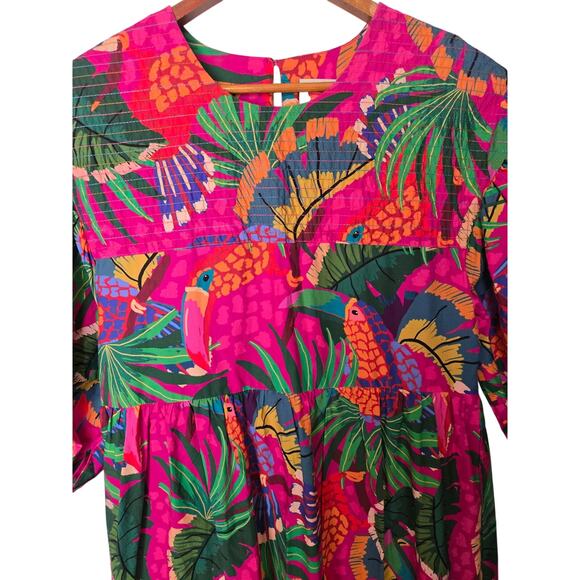 FARM Rio Painted Toucans Tiered Midi Colorful Dress Size Medium Vacation - Picture 4 of 10